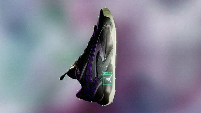 Side view of Luka Doncic's purple and black Jordan Brand shoes.